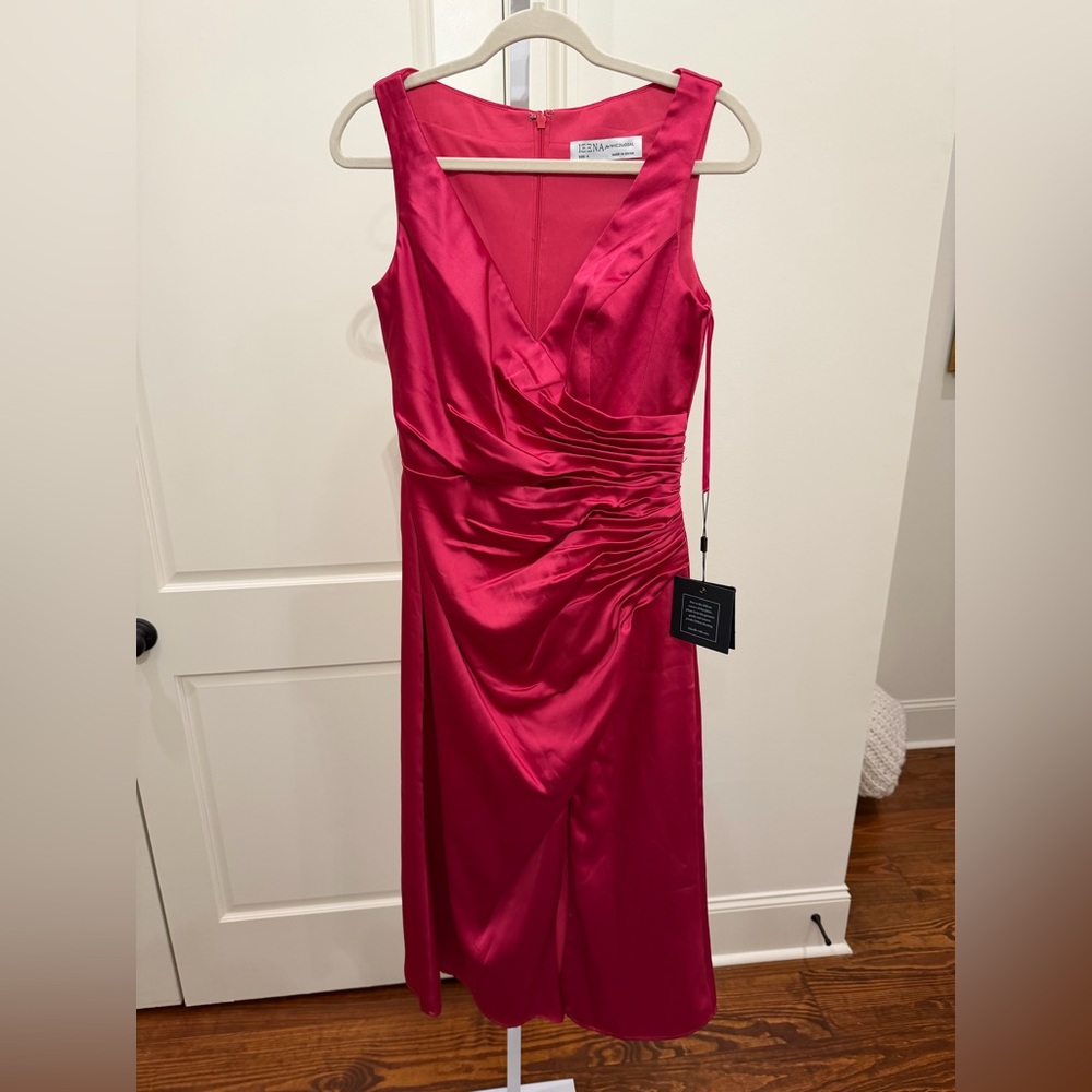 MAC DUGGAL 26625 SATIN RUCHED V-NECK FAUX WRAP LIPSTICK PINK MIDI DRESS sz 4 - Picture 7 of 11